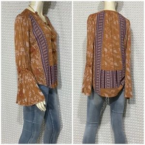 Lucky Brand Embroidered Bell SLeeve Cross Stitch Printed Tunic Top Size Small